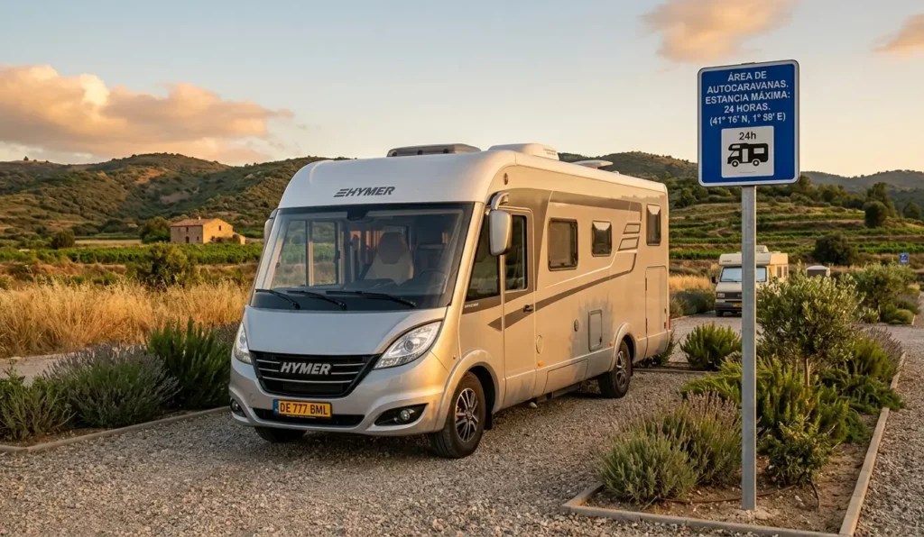Autocaravana en un área de pernocta con límite de 24 horas en 2026