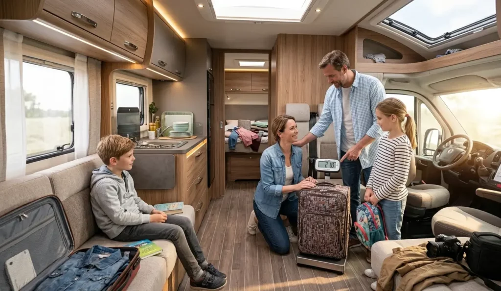 Familia revisando el peso y el equipaje dentro de una autocaravana