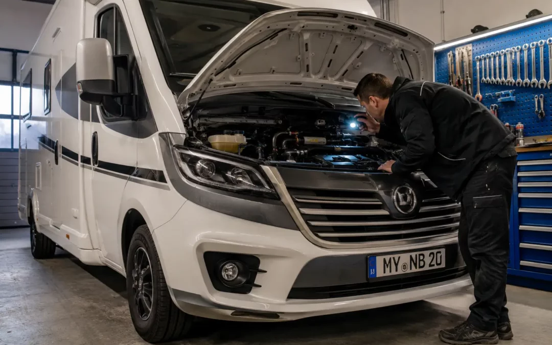 Mecánico profesional revisando los niveles de motor de una autocaravana en un taller limpio.