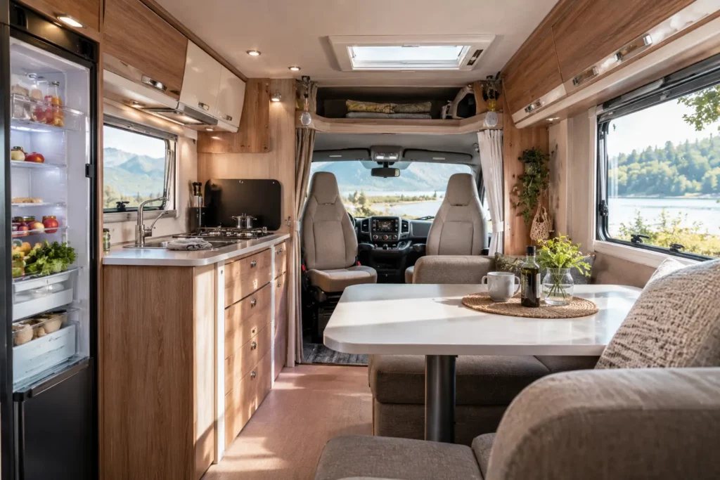 Vista interior del habitáculo cuidado de una autocaravana con la cocina impecable y luz natural.