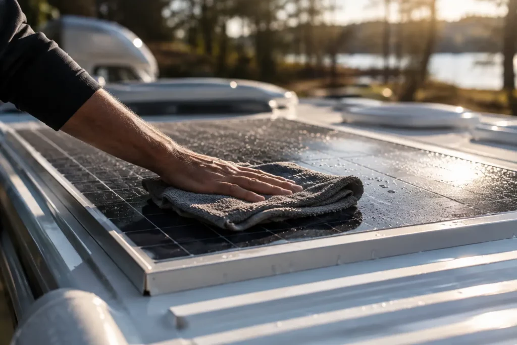 Persona limpiando con un paño de microfibra las placas solares del techo de una autocaravana.