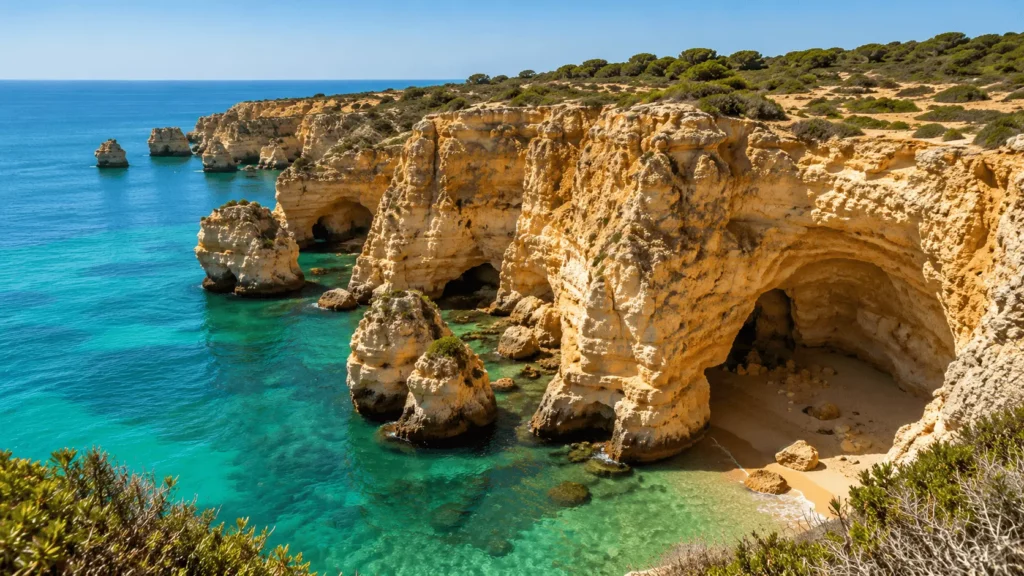 Acantilados dorados y cuevas marinas en la costa del Algarve, Portugal, uno de los destinos favoritos para viajar en autocaravan