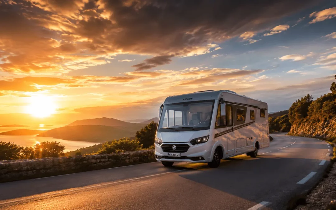 Autocaravana circulando por una carretera panorámica en Europa, ejemplo de ruta en autocaravana por el continente