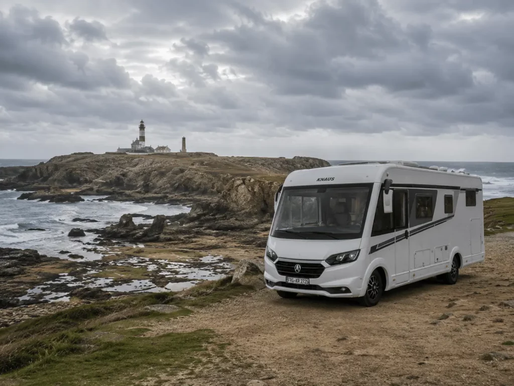 Autocaravana estacionada junto a los acantilados de la Bretaña francesa, uno de los mejores destinos para viajar en autocaravana