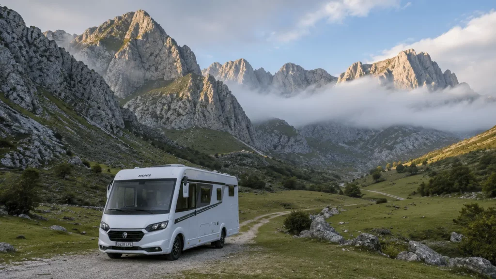 Autocaravana en un valle de los Picos de Europa, destino de montaña recomendado para rutas en autocaravana por España