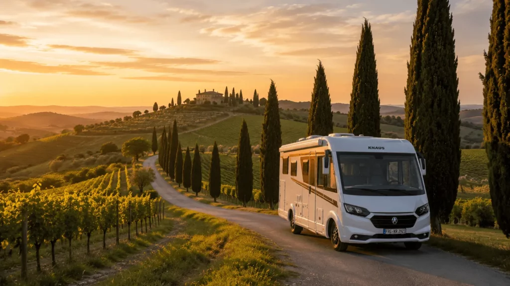 Autocaravana recorriendo un camino entre viñedos y colinas de la Toscana, ruta clásica para viajar en autocaravana por Italia