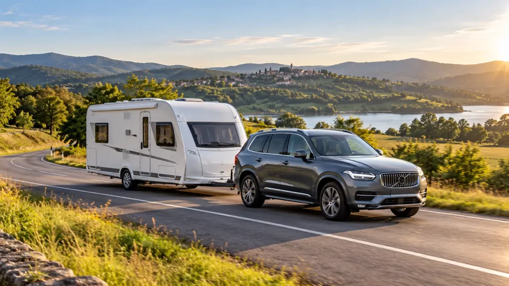 Coche remolcando una caravana por una carretera rural, ejemplo de conjunto vehículo-caravana