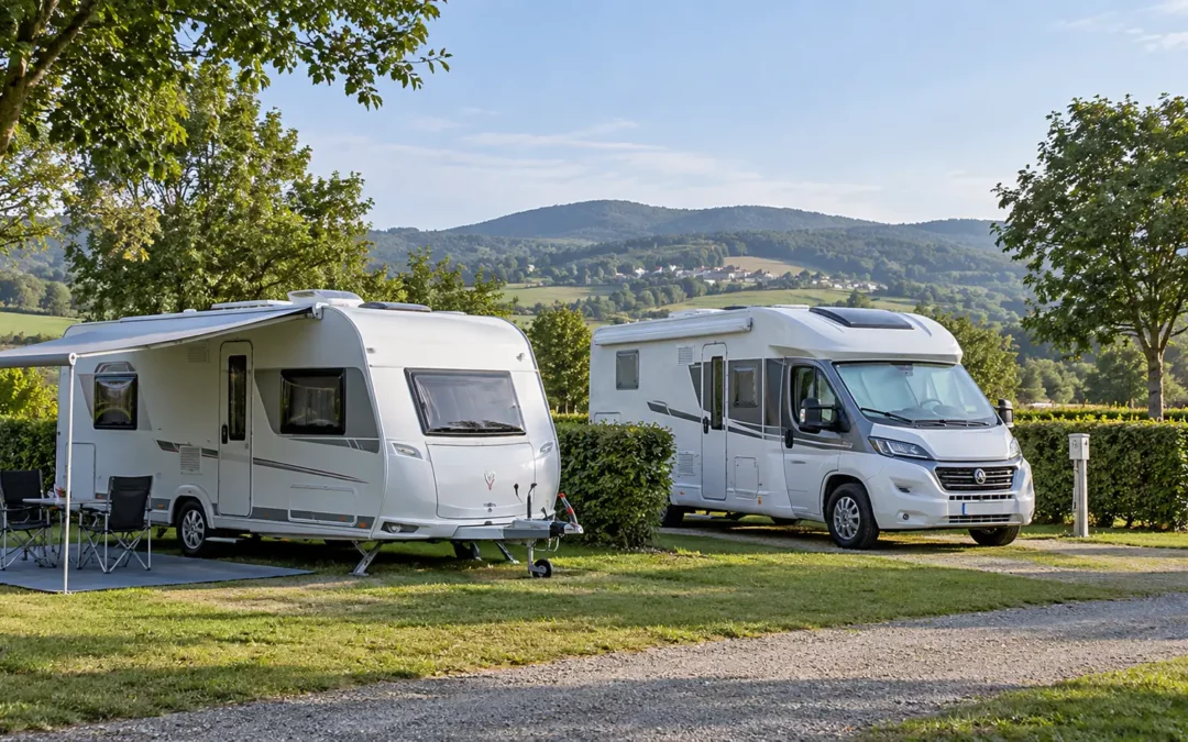 Caravana y autocaravana aparcadas una junto a la otra en un cámping, comparativa visual entre ambos tipos de vehículo