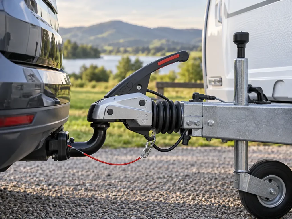 Enganche de remolque conectando un coche a una caravana, detalle del sistema necesario para remolcar