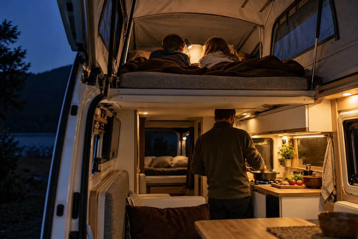 Interior de una camper con el techo elevable abierto, niños en la cama de arriba y un adulto cocinando