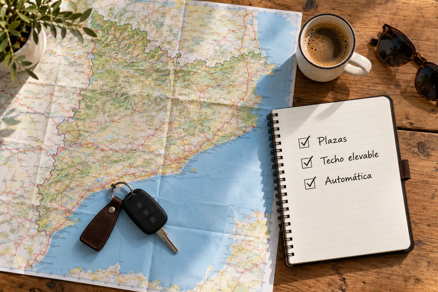 Mapa de carreteras, llaves y libreta con la lista plazas, techo elevable y automática para elegir una camper