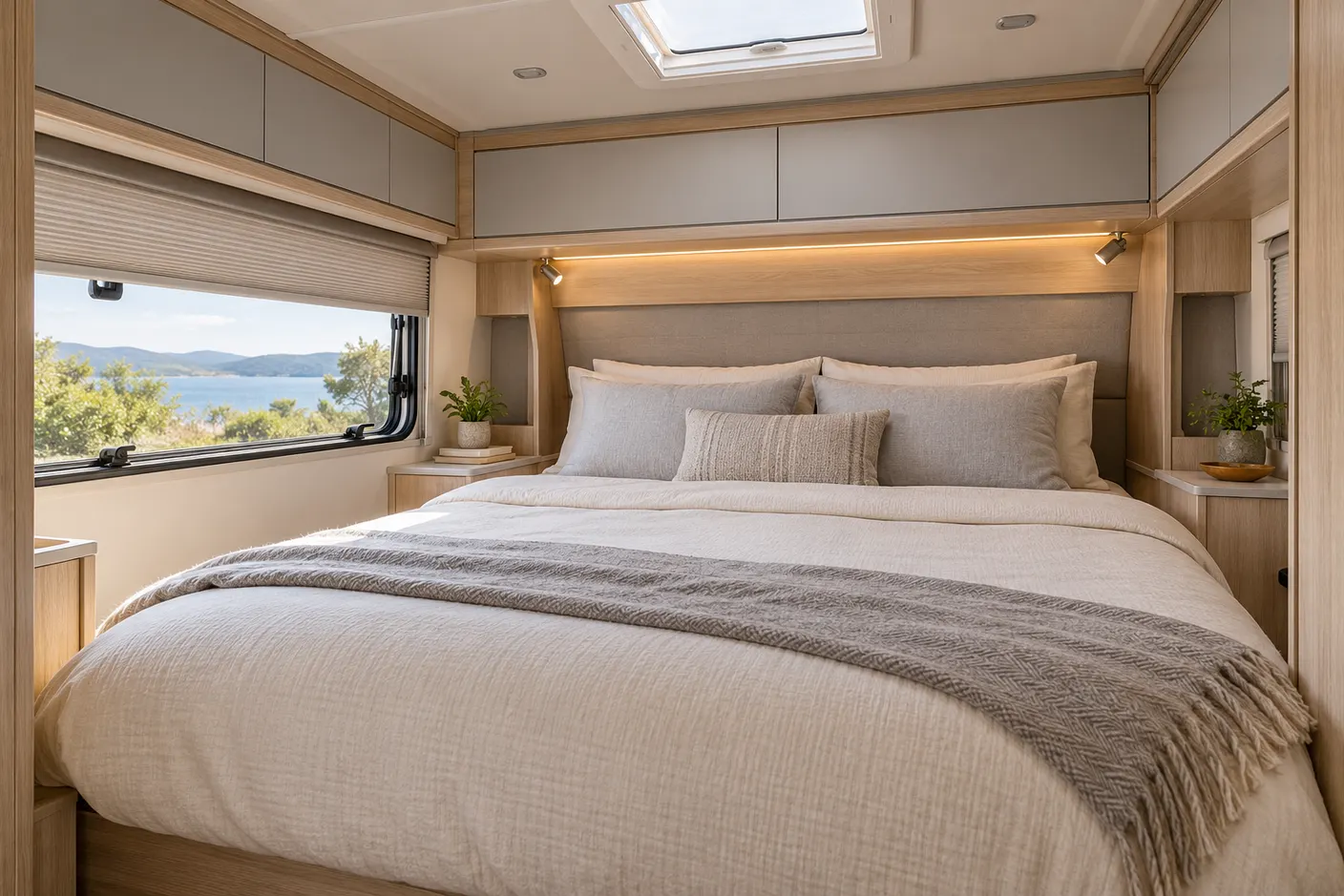Dormitorio trasero de una autocaravana perfilada con cama grande, armarios y ventana