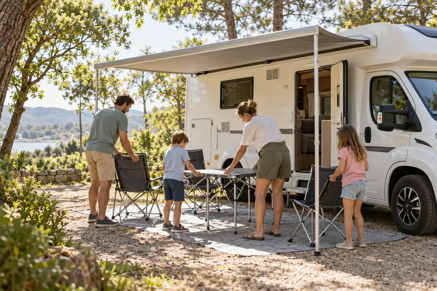 Familia con dos niños montando mesa y sillas bajo el toldo de una autocaravana en un camping