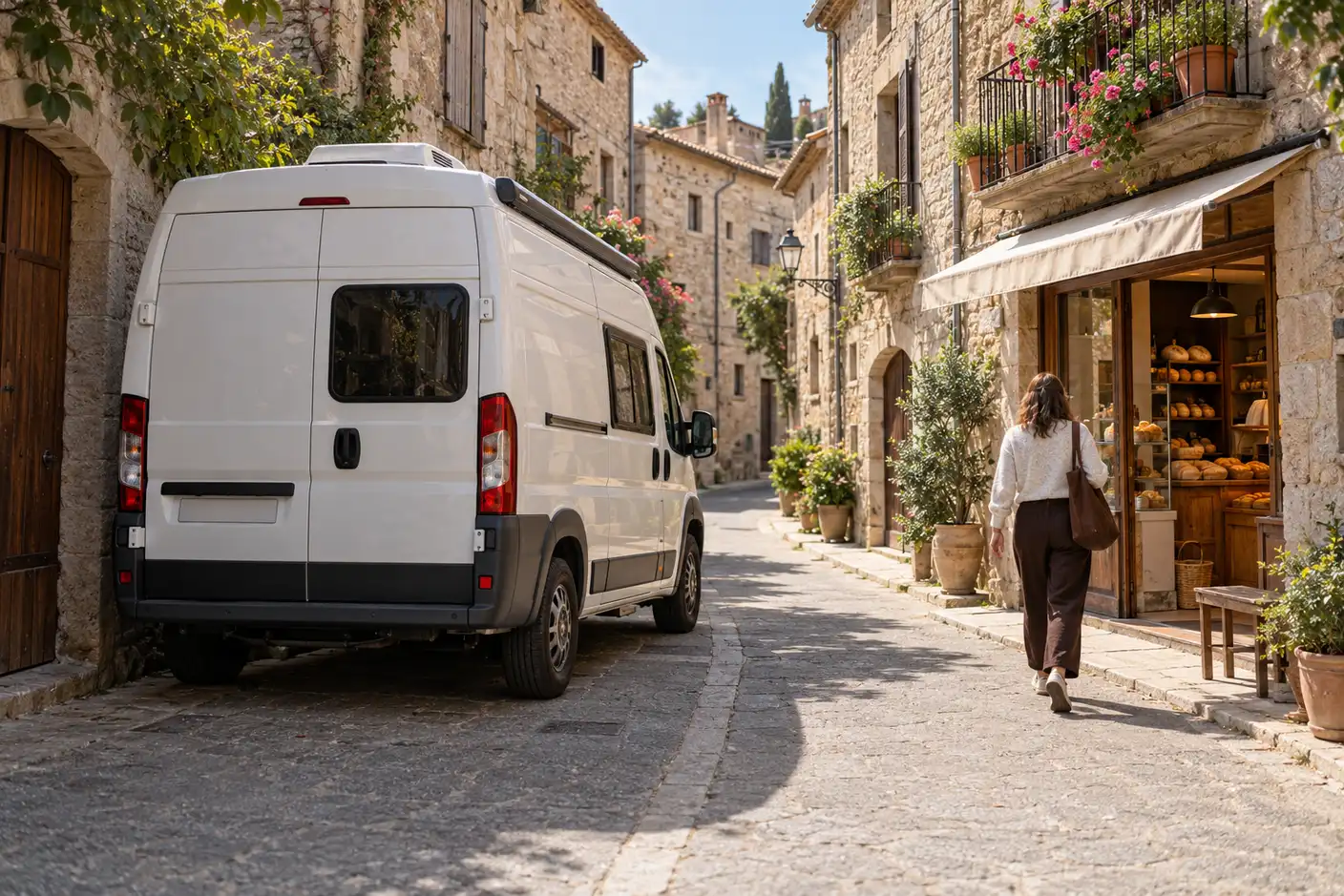 Furgoneta camper aparcada en una calle estrecha de un pueblo catalán