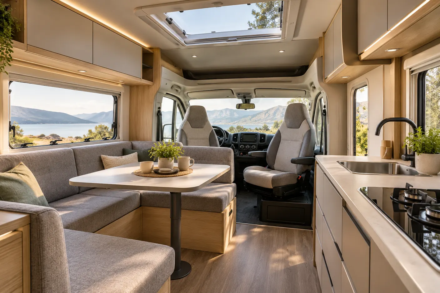 Salón con dinette en L, asientos de cabina girados y cocina de una autocaravana perfilada